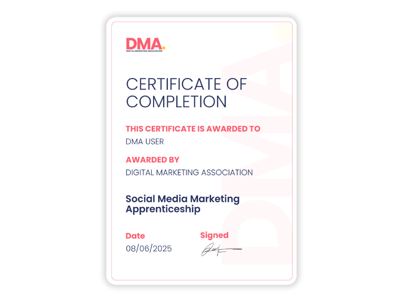 Image showing a certificate of a marketing qualification for the social media marketing apprenticeships.