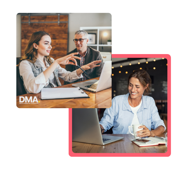 Two women engaged in online learning and mentorship, each working on laptops—illustrating flexible training and real-world support through social media marketing apprenticeships.